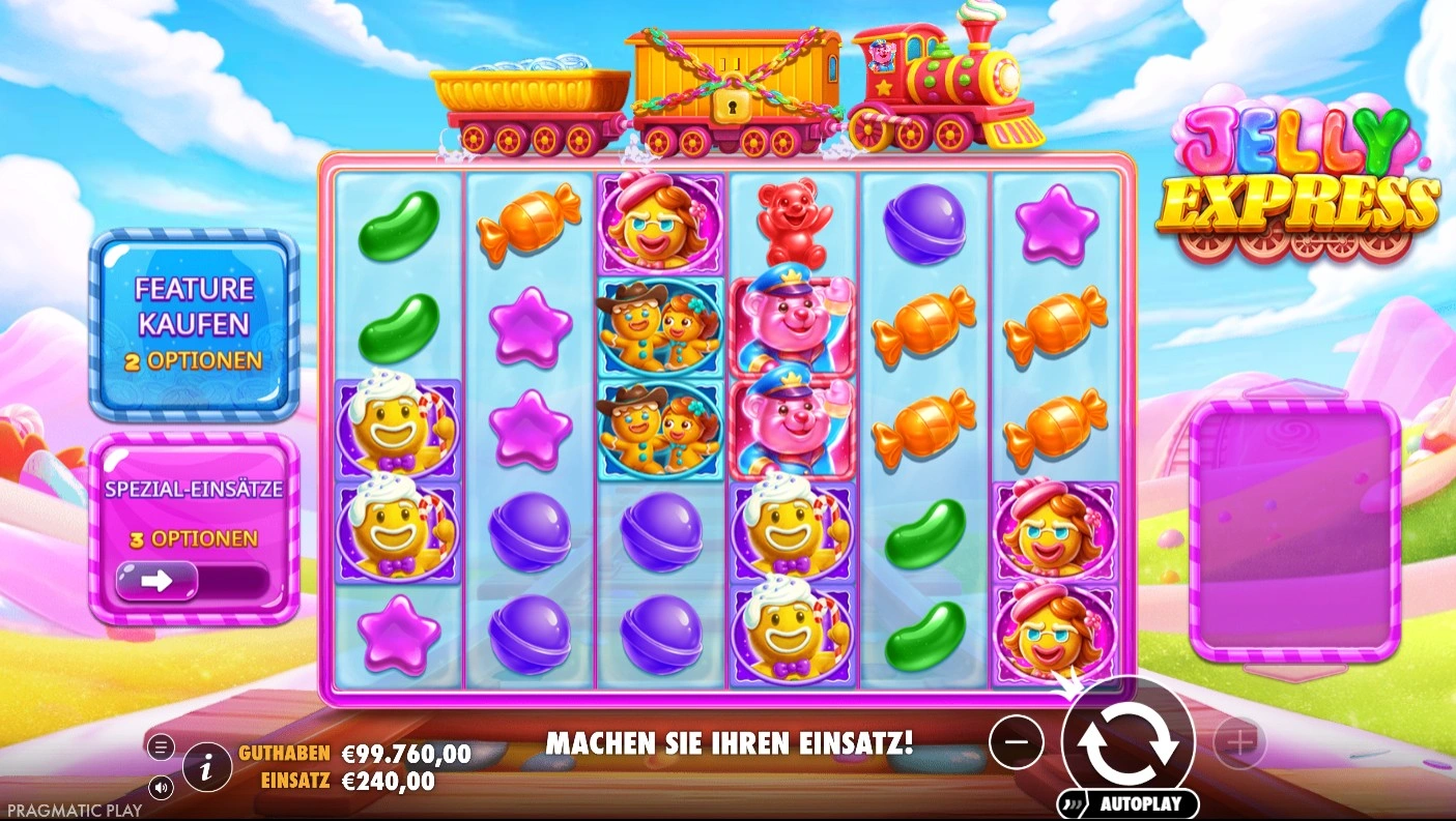 Jelly Express əsas oyun sahəsi 6x5, konfet simvolları, Feature Kaufen və Spezial Einsatz düymələri