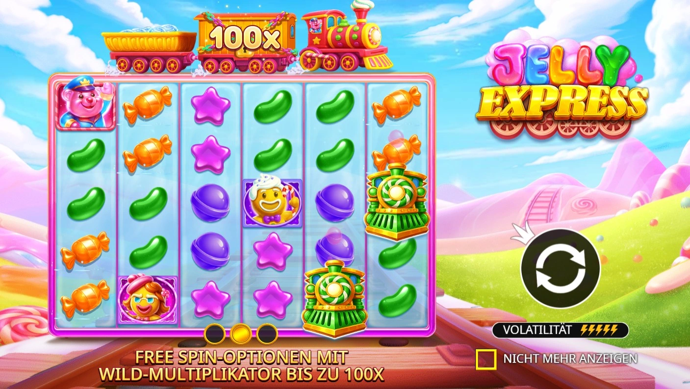 Jelly Express başlanğıc ekranı — konfet qatarı marmelad maşinistlə 6x5 oyun sahəsində, Wild multiplikatorlar 100x-ə qədər