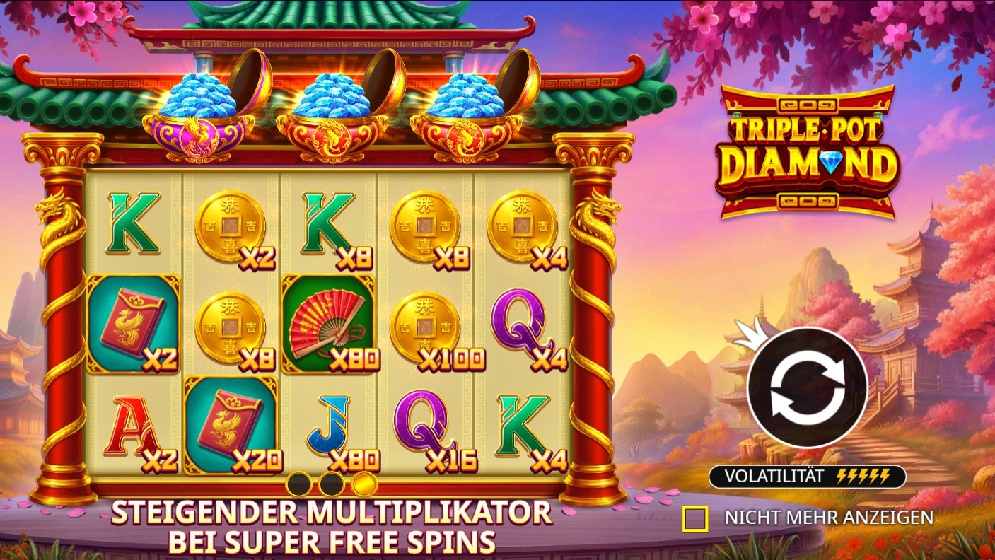 Triple Pot Diamond kirish ekrani sharqona bezaklar va uch omad qozoni bilan
