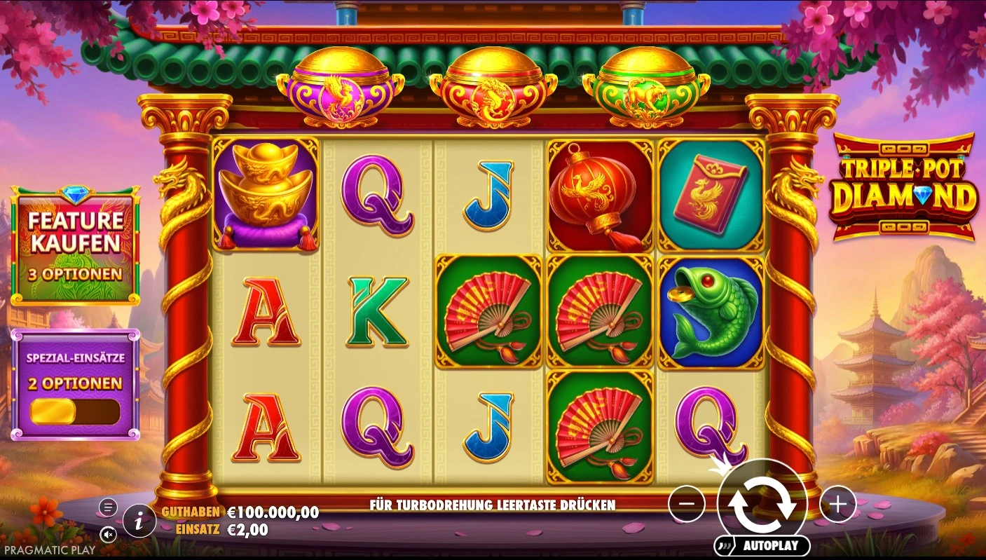 Triple Pot Diamond asosiy o'yin maydoni 5x3 chiroq konvert va oltin belgilari bilan