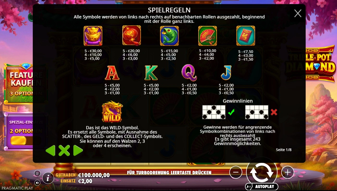 Triple Pot Diamond to'lov jadvali barcha belgi qiymatlari bilan